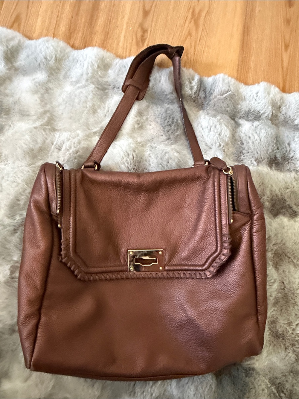 Bronze Leather Shoulder Bag with Gold-Tone Hardware